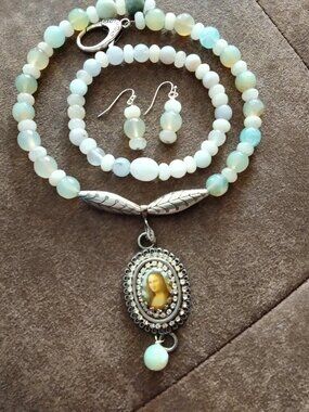 Sistine Madonna with opalite beads, bracelet 8 inch , earrings set.